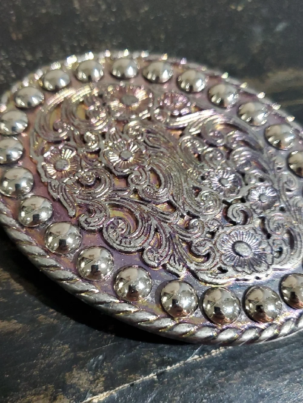 Vintage Silver Floral Oval Belt Buckle Pink And Purple Shimmer W Studs Cowgirl